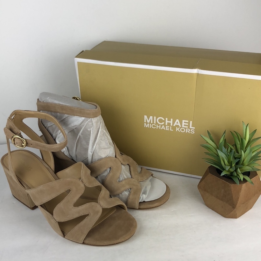 NEW Michael Kors Annalee Mid Suede Ankle Strap Peep Toe Sandals Heels 10